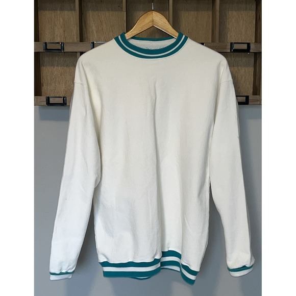 Vintage 90s LA LOVING Textured Knit Crewneck Sweatshirt Men's L‎ White Teal USA - Picture 2 of 15